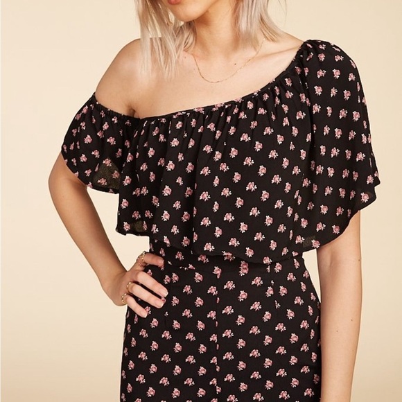 Flynn Skye Ruffle Off shoulder Floral Jumpsuit Small Black - Picture 3 of 9
